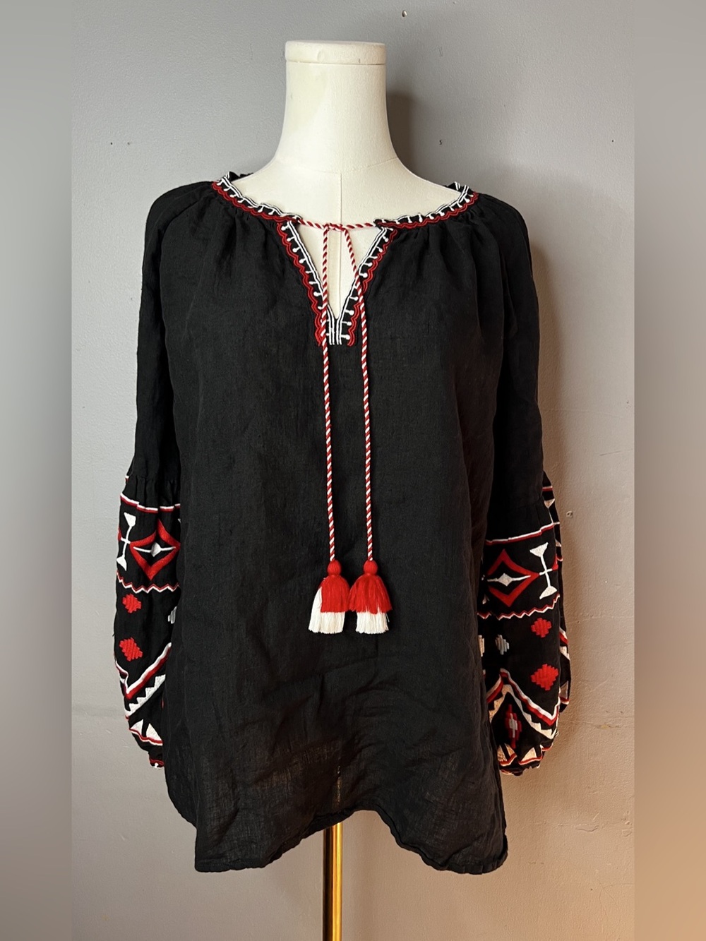Benaras by Citrus Linen Embroidered Tunic in Black & Red